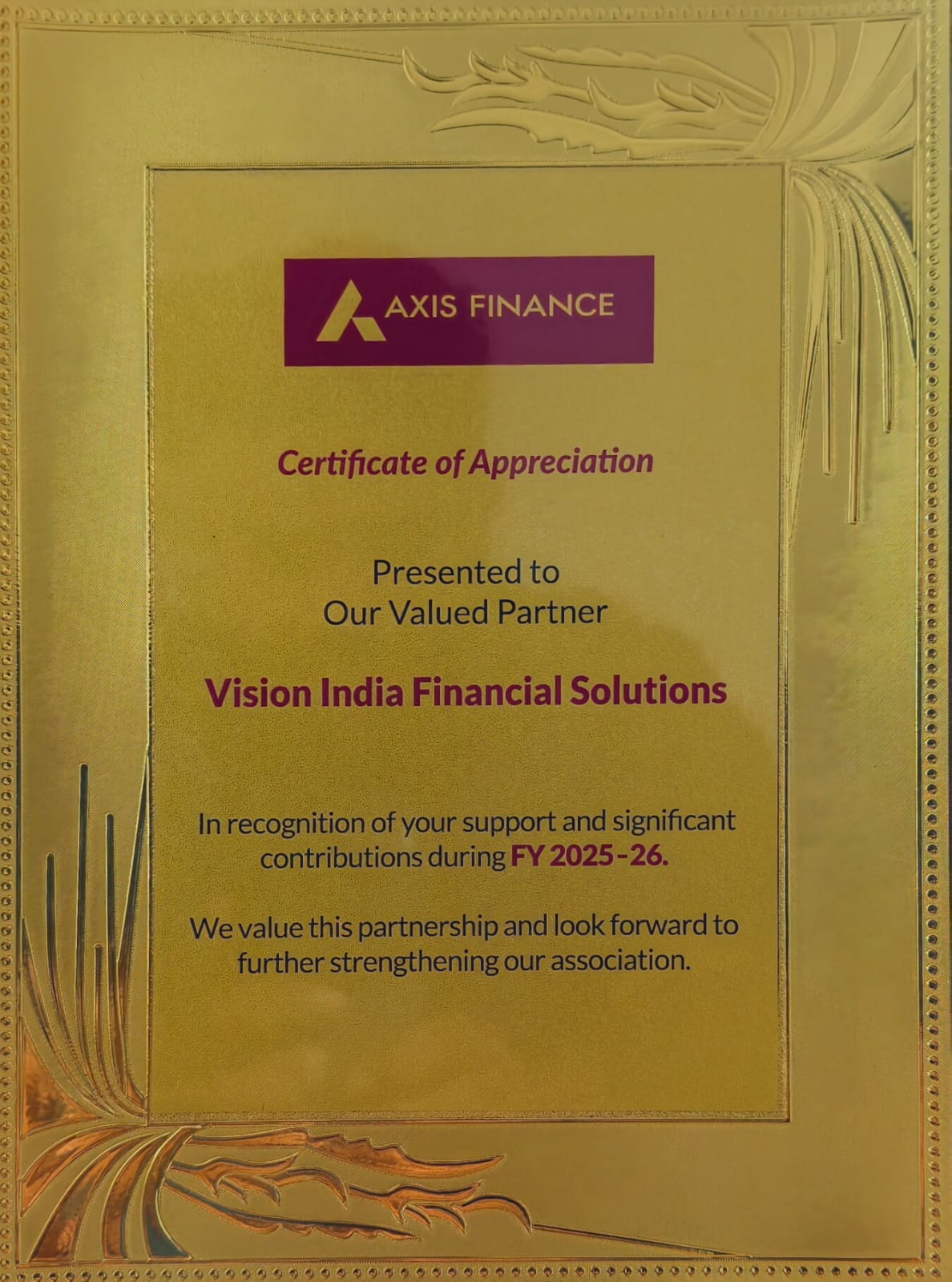 Axis Finance Certificate of Appreciation